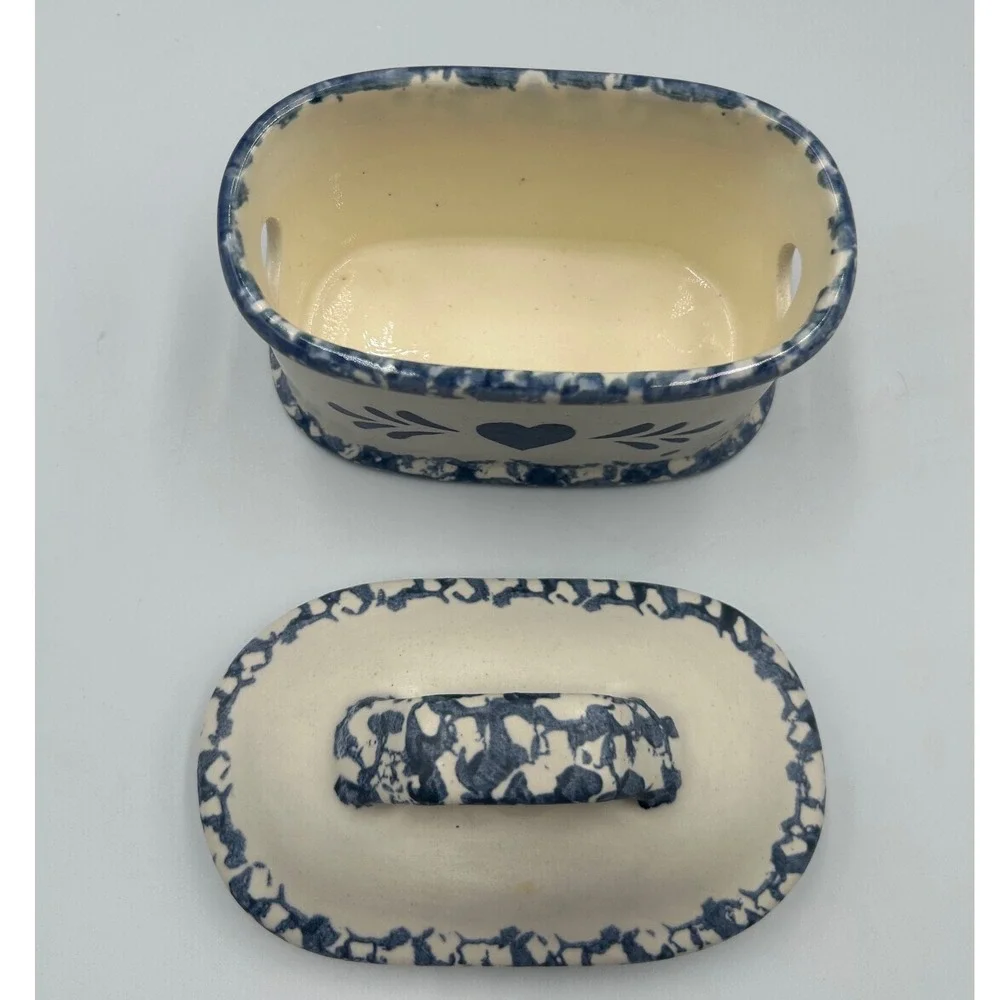 Blue Spongeware Heart Pottery Butter Dish Lid Farmhouse Stoneware Trinket Box